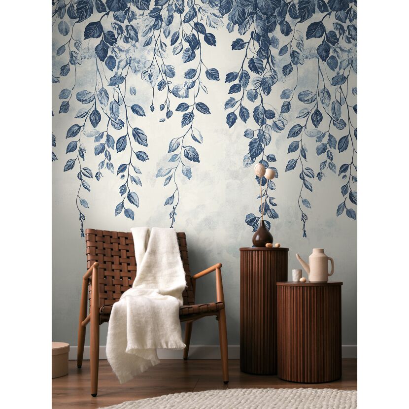 Vliestapete 'CosmoLiving by Cosmopolitan' Hanging Garden Blätter blau/weiß 3-teilig 1,59 x 2,8 m
