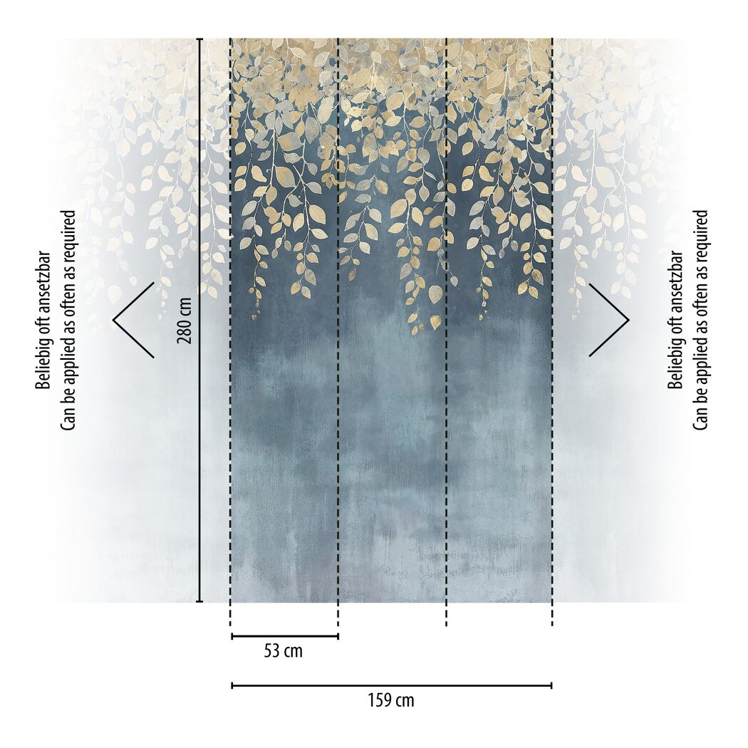 Vliestapete 'CosmoLiving by Cosmopolitan' Gilded Bloom Blätter blau/gold 3-teilig 1,59 x 2,8 m