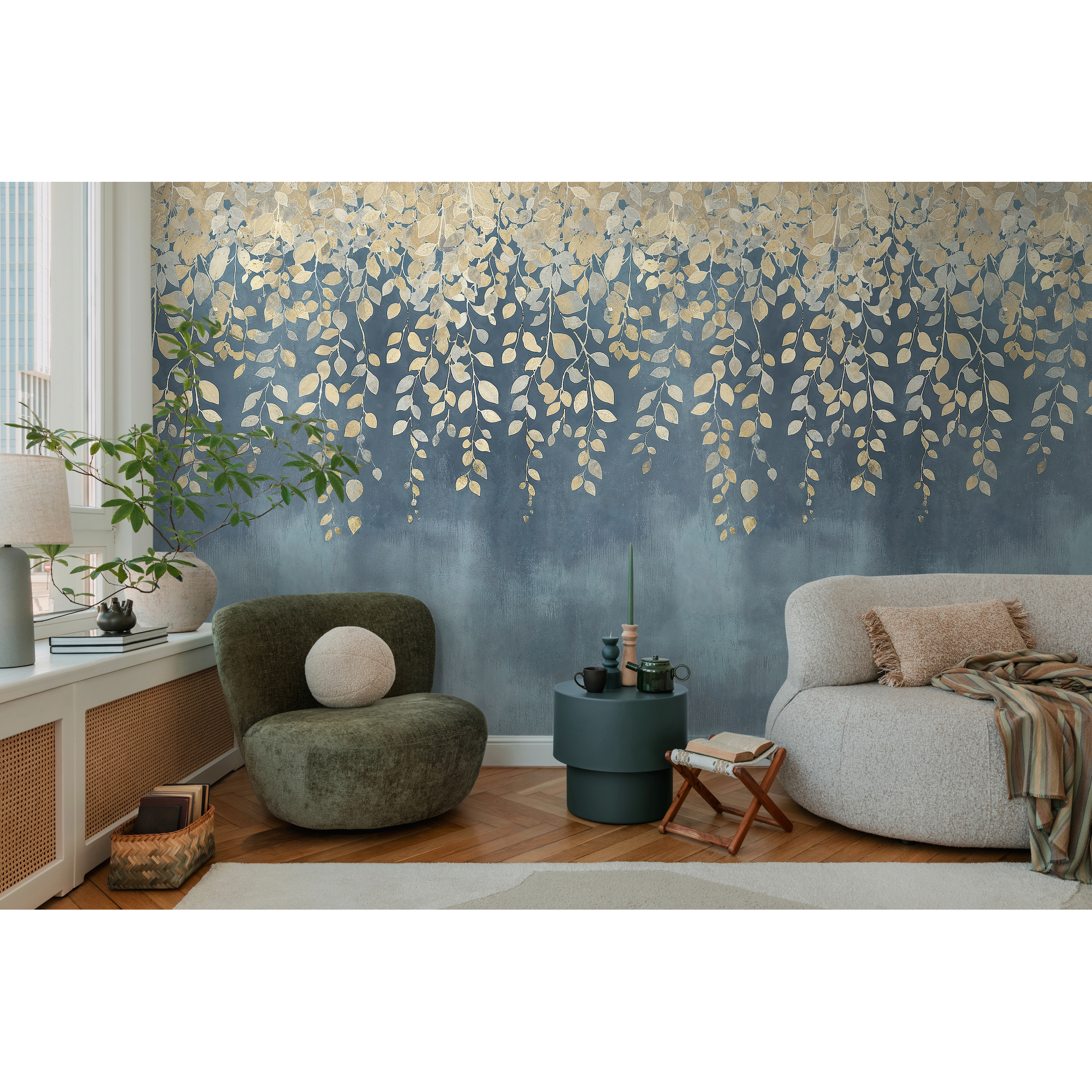 Vliestapete 'CosmoLiving by Cosmopolitan' Gilded Bloom Blätter blau/gold 3-teilig 1,59 x 2,8 m