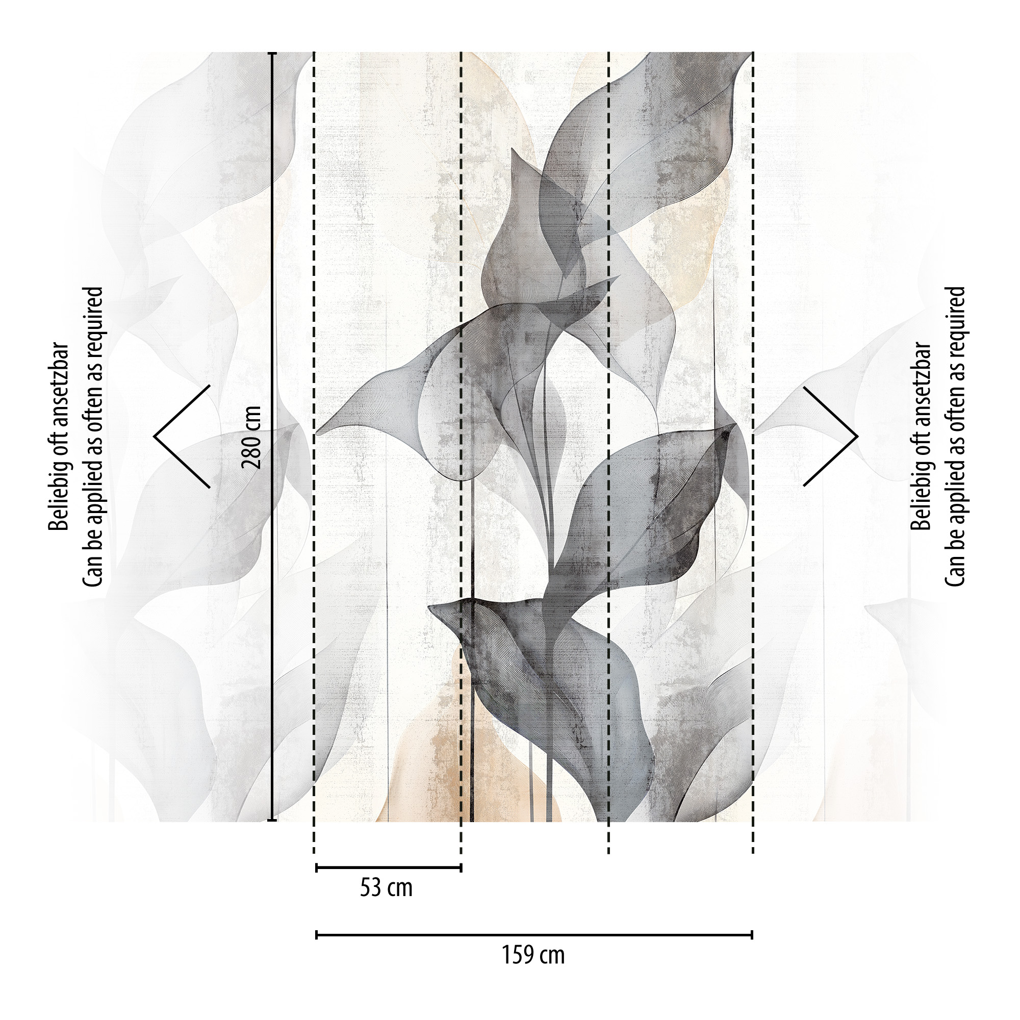 Vliestapete 'CosmoLiving by Cosmopolitan' Translucent Grace Blätter aquarell grau 3-teilig 1,59 x 2,8 m