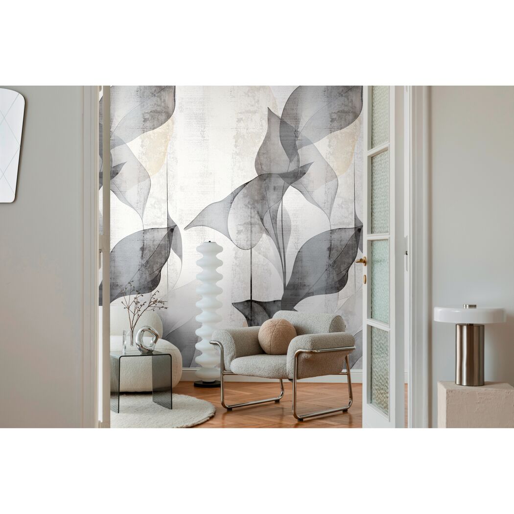 Vliestapete 'CosmoLiving by Cosmopolitan' Translucent Grace Blätter aquarell grau 3-teilig 1,59 x 2,8 m