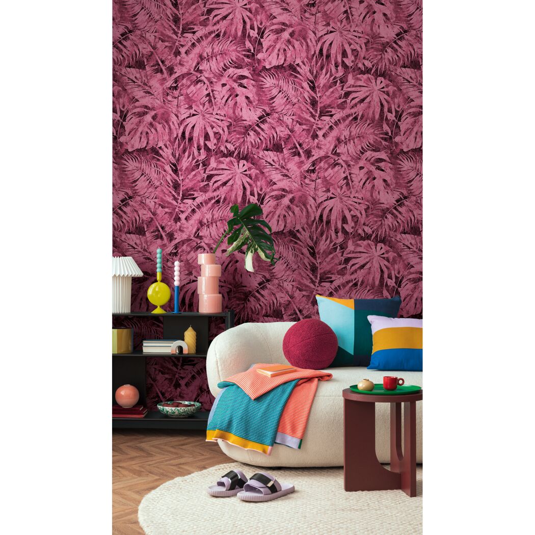 Vliestapete 'CosmoLiving by Cosmopolitan' Palma Magenta Palmenblätter pink 3-teilig 1,59 x 2,8 m