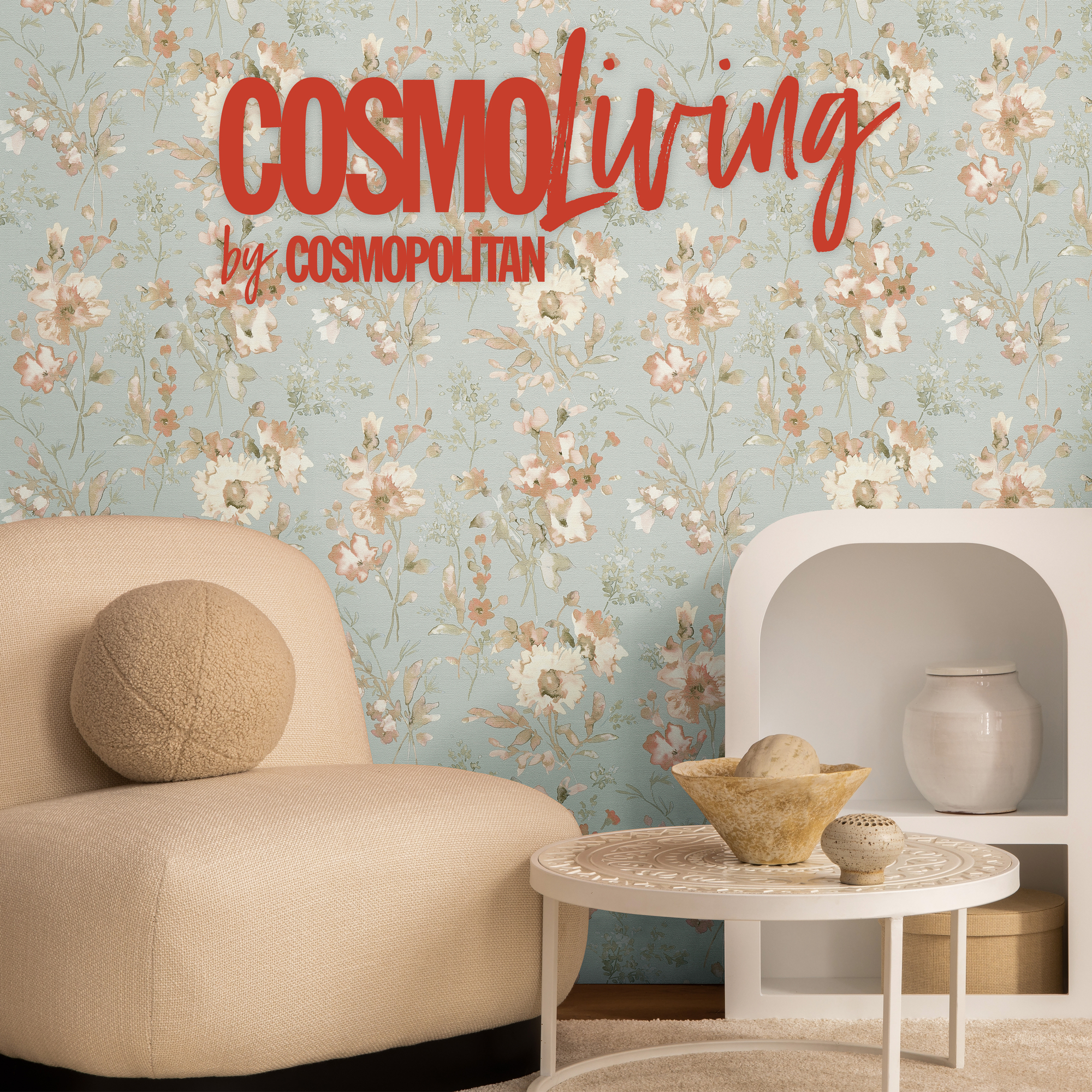 Vliestapete 'CosmoLiving by Cosmopolitan' Blüten hellblau 10,05 x 0,53 m