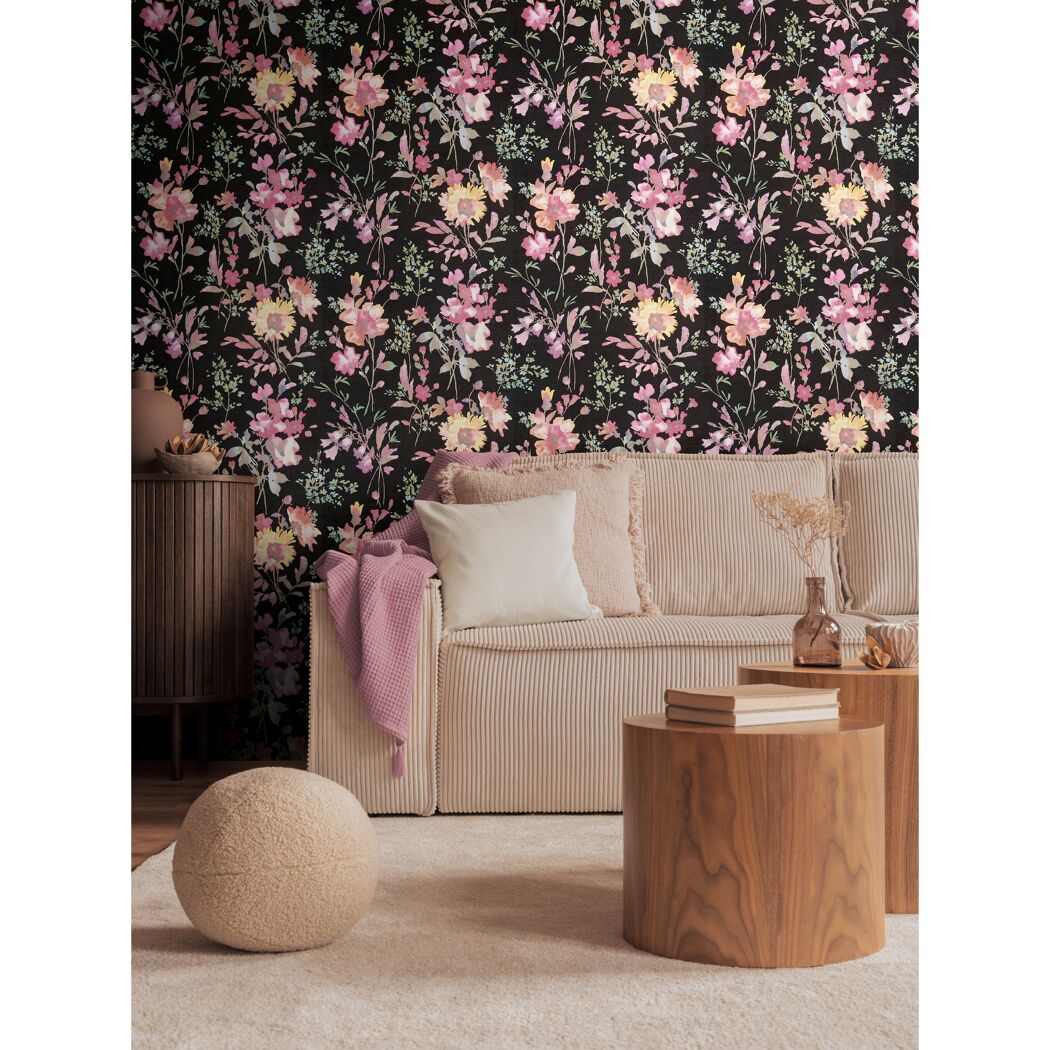 Vliestapete 'CosmoLiving by Cosmopolitan' Blüten schwarz 10,05 x 0,53 m