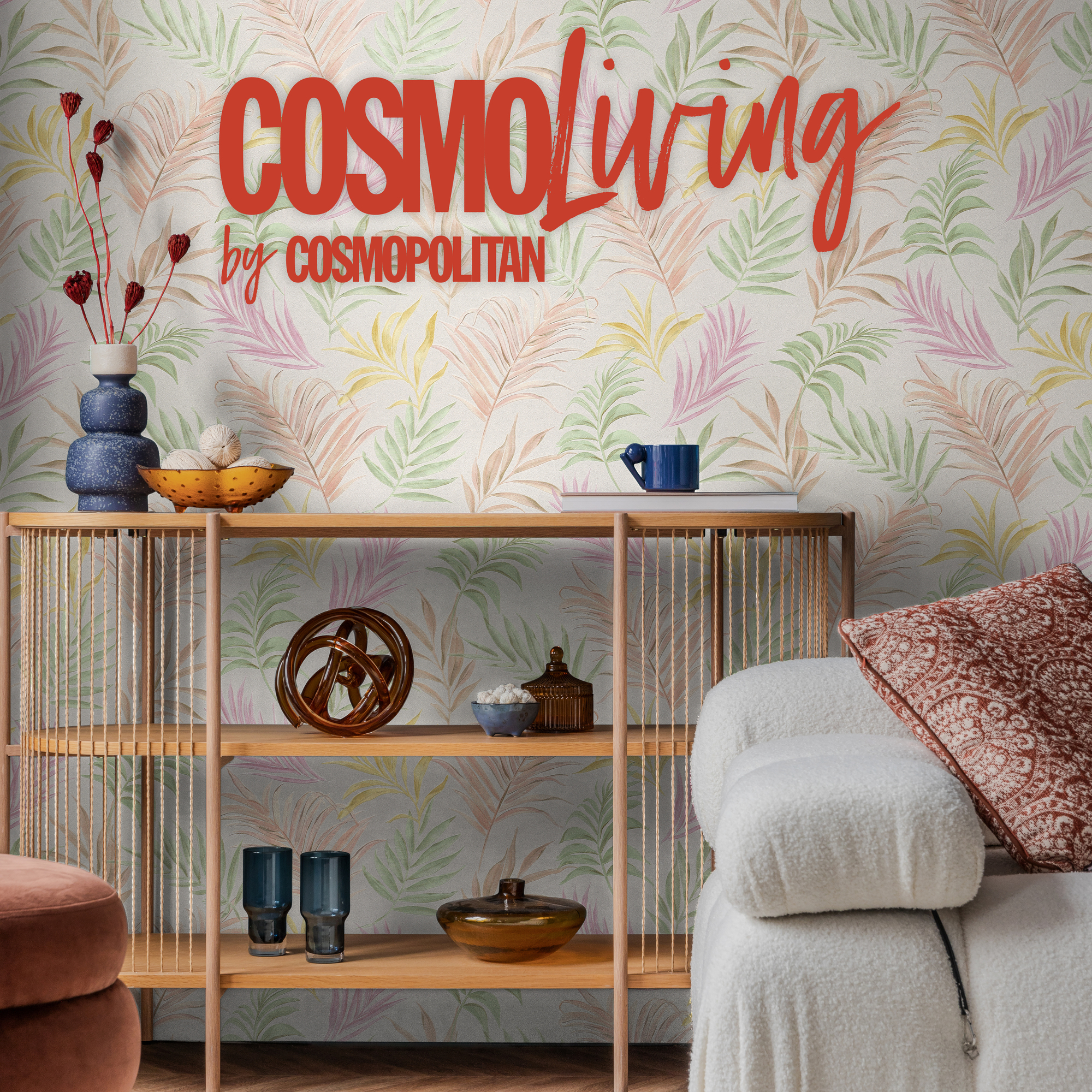 Vliestapete 'CosmoLiving by Cosmopolitan' Palmenblätter weiß/bunt 10,05 x 0,53 m