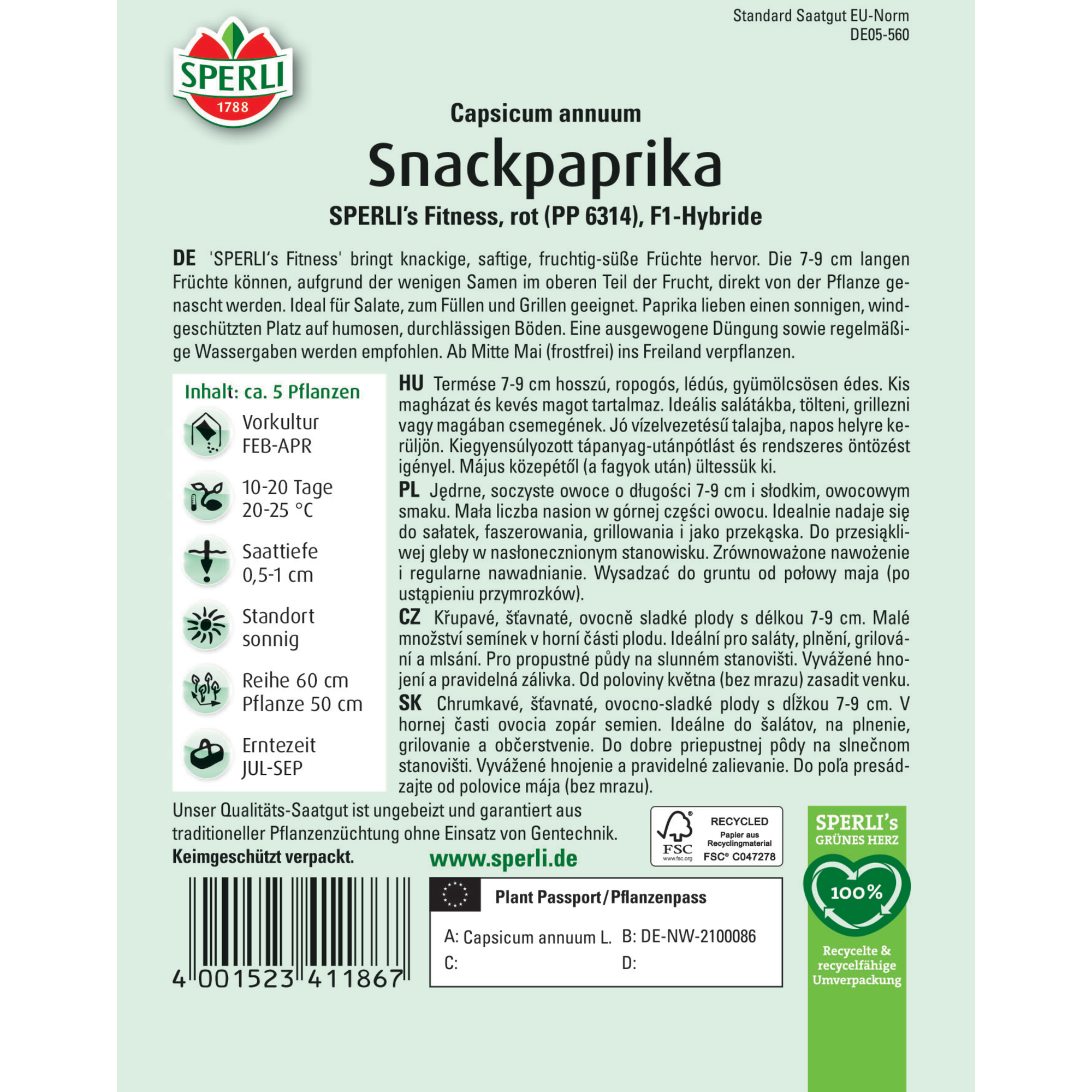 Snackpaprika 'SPERLI's Fitness' rot F1-Hybride