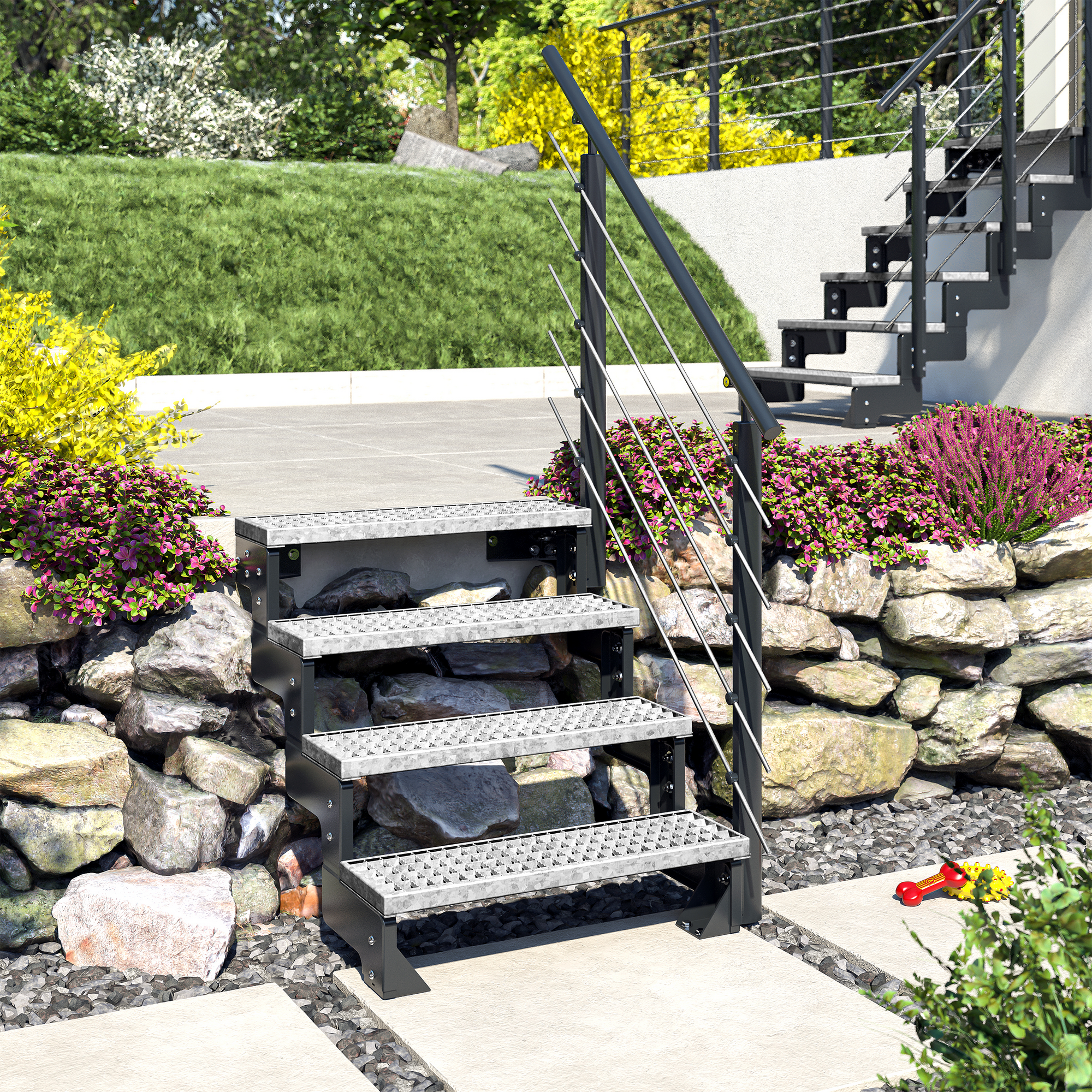 Außentreppe 'Gardentop'  4 Gitterroststufen 80 cm mit Geländer