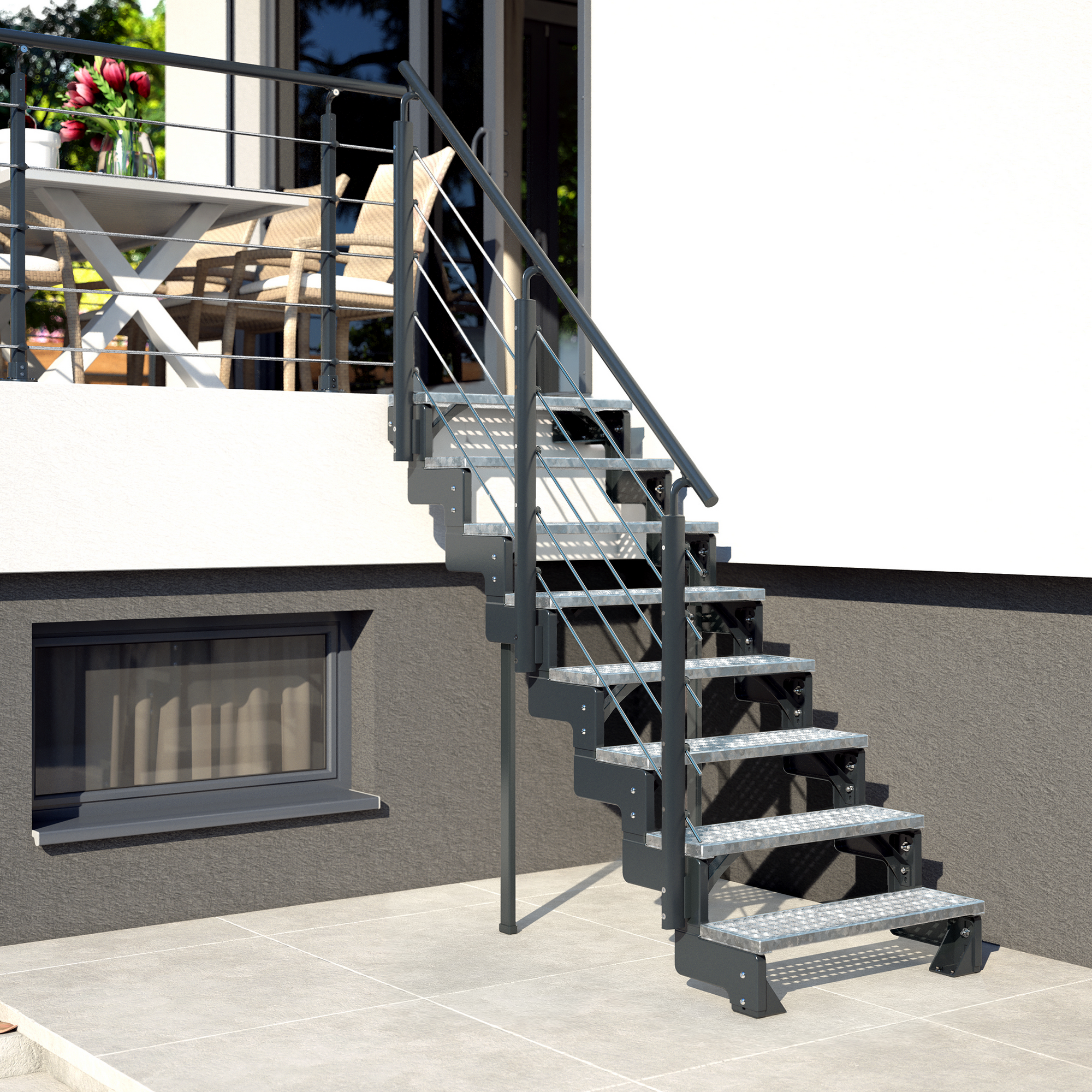 Außentreppe 'Gardentop'  8 Gitterroststufen 80 cm mit Geländer