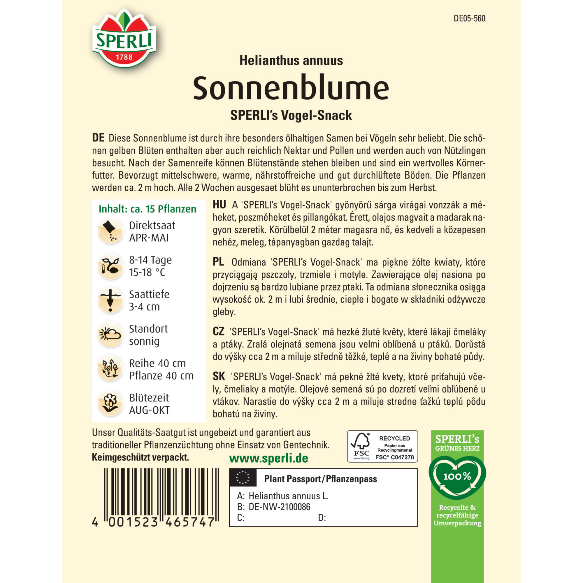 Sonnenblume 'SPERLI's Vogel-Snack'