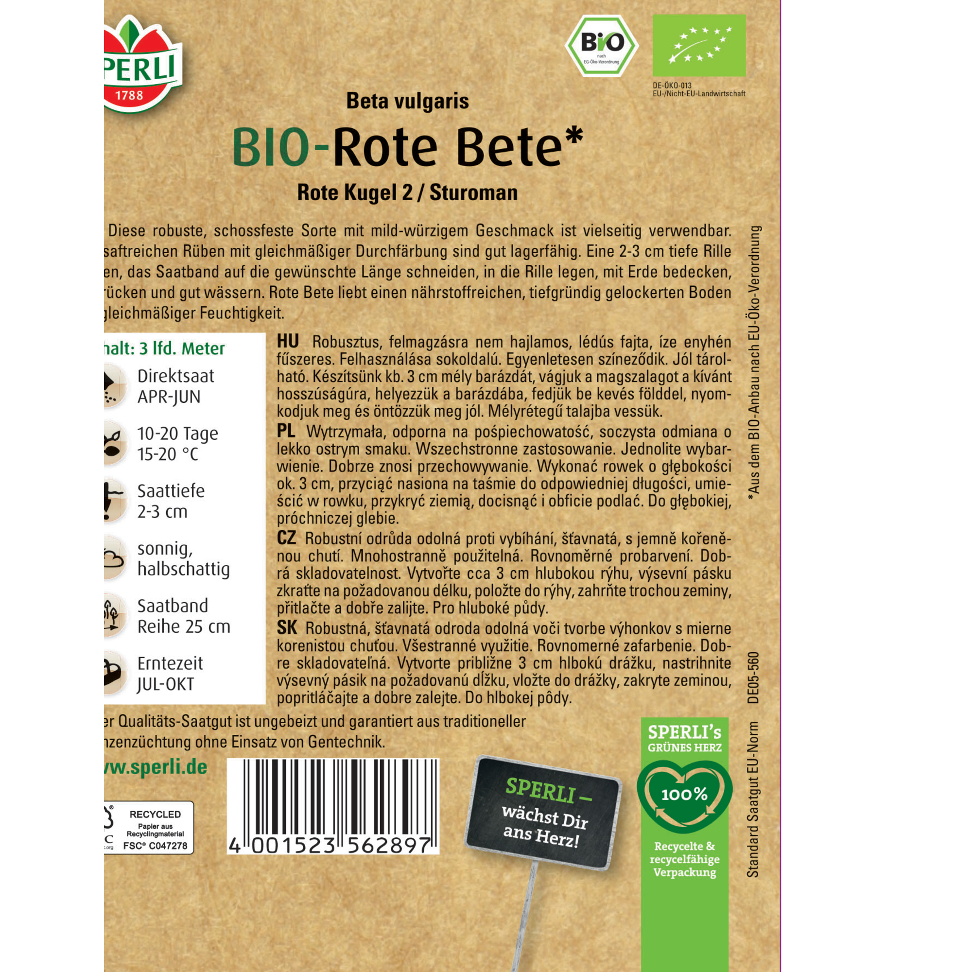 BIO-Rote Bete 'Rote Kugel 2/Sturoman' Saatband 3 m