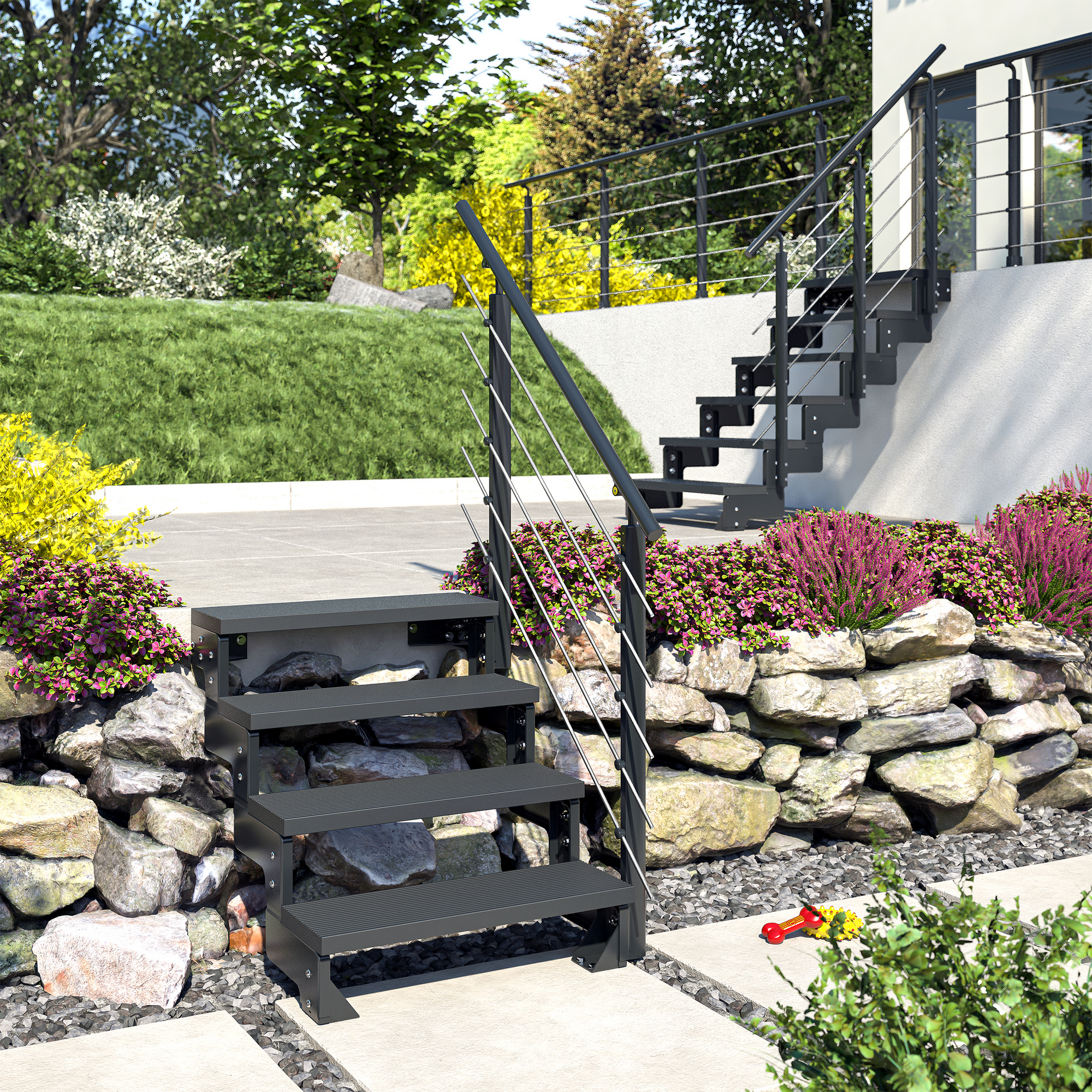 Außentreppe 'Gardentop' anthrazit 4 Stufen 100 cm mit Geländer