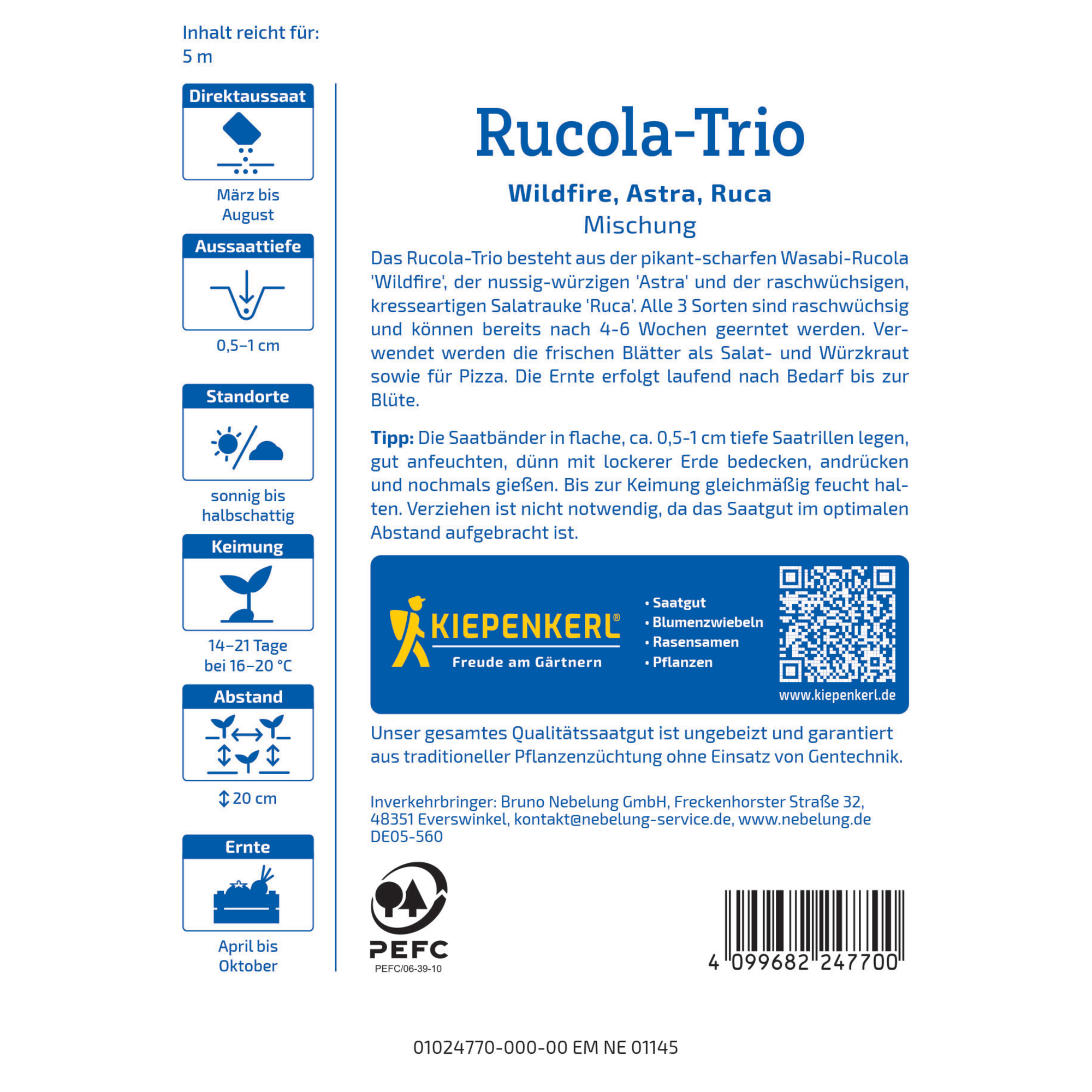 Rucola-Trio 'Wildfire, Astra, Salatrauke Ruca' Saatband 5 m