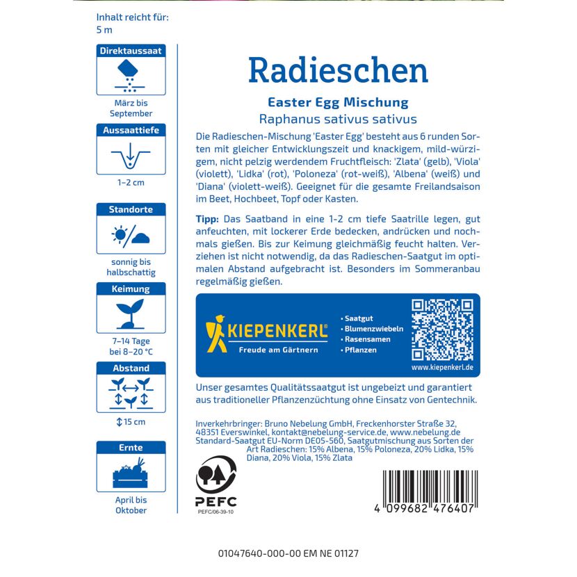 Radieschen 'Egg Mischung' Saatband 5 m
