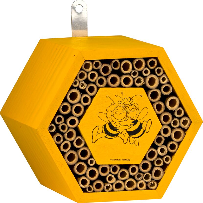 Insektenhotel 'Bee Happy Maja' aus Holz und Bambus.