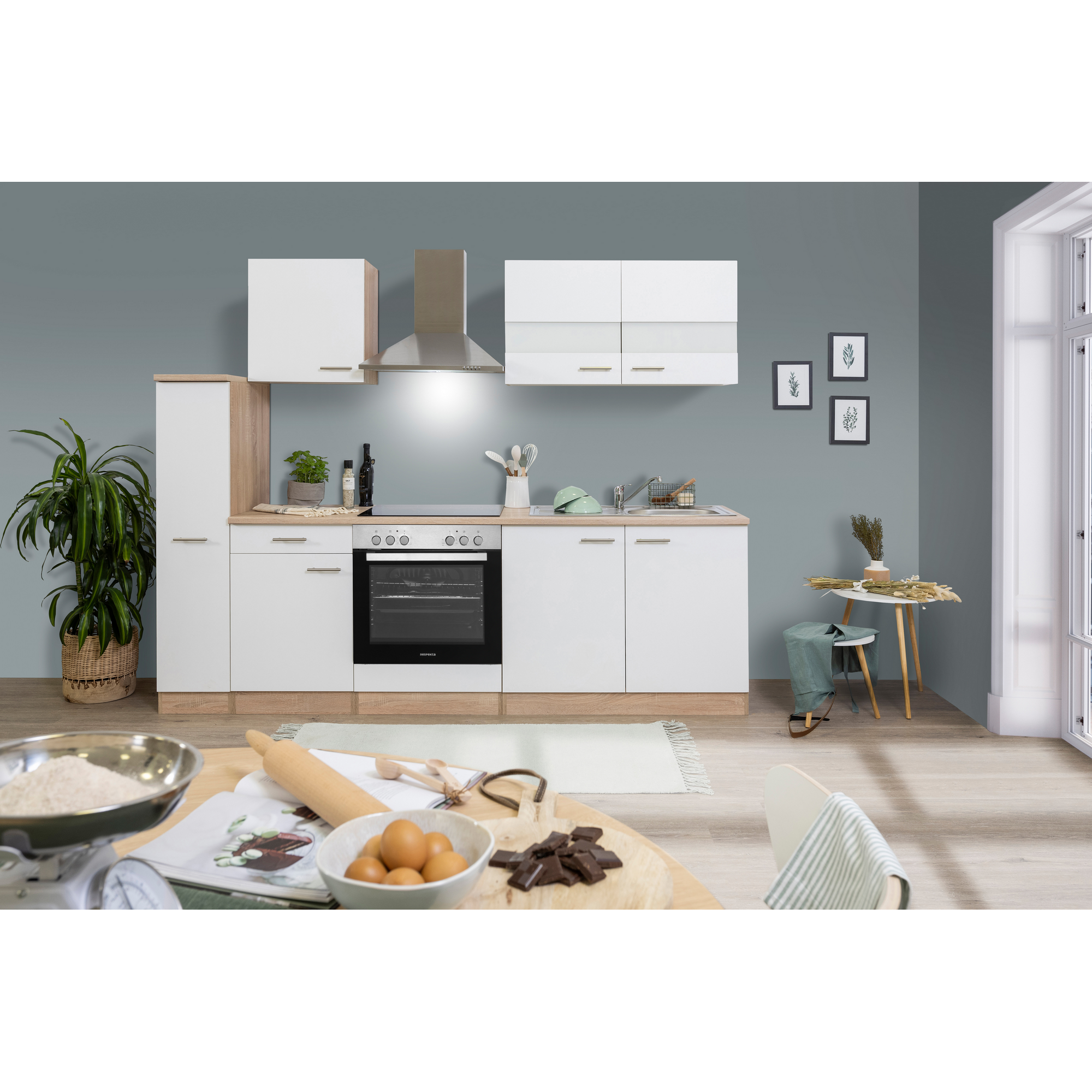 Küchenzeile 'Merle' mit E-Geräten KB240ESWC weiß/eichefarben 240 cm