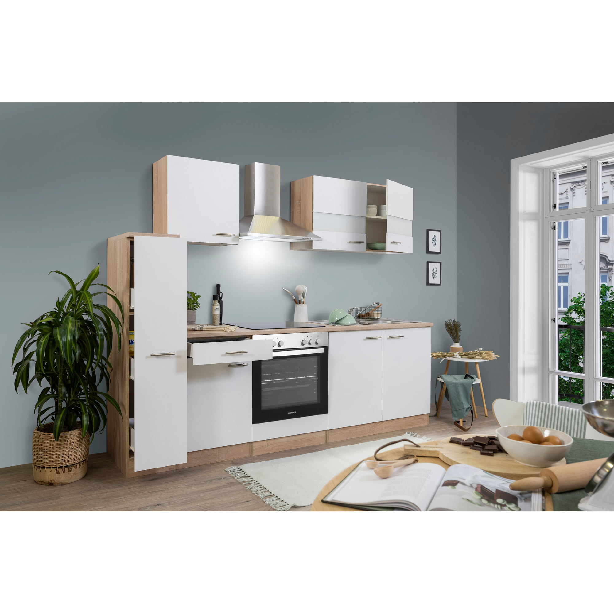 Küchenzeile 'Merle' mit E-Geräten KB240ESWC weiß/eichefarben 240 cm