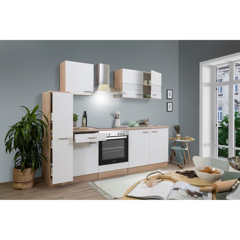 Küchenzeile 'Merle' mit E-Geräten KB240ESWC weiß/eichefarben 240 cm
