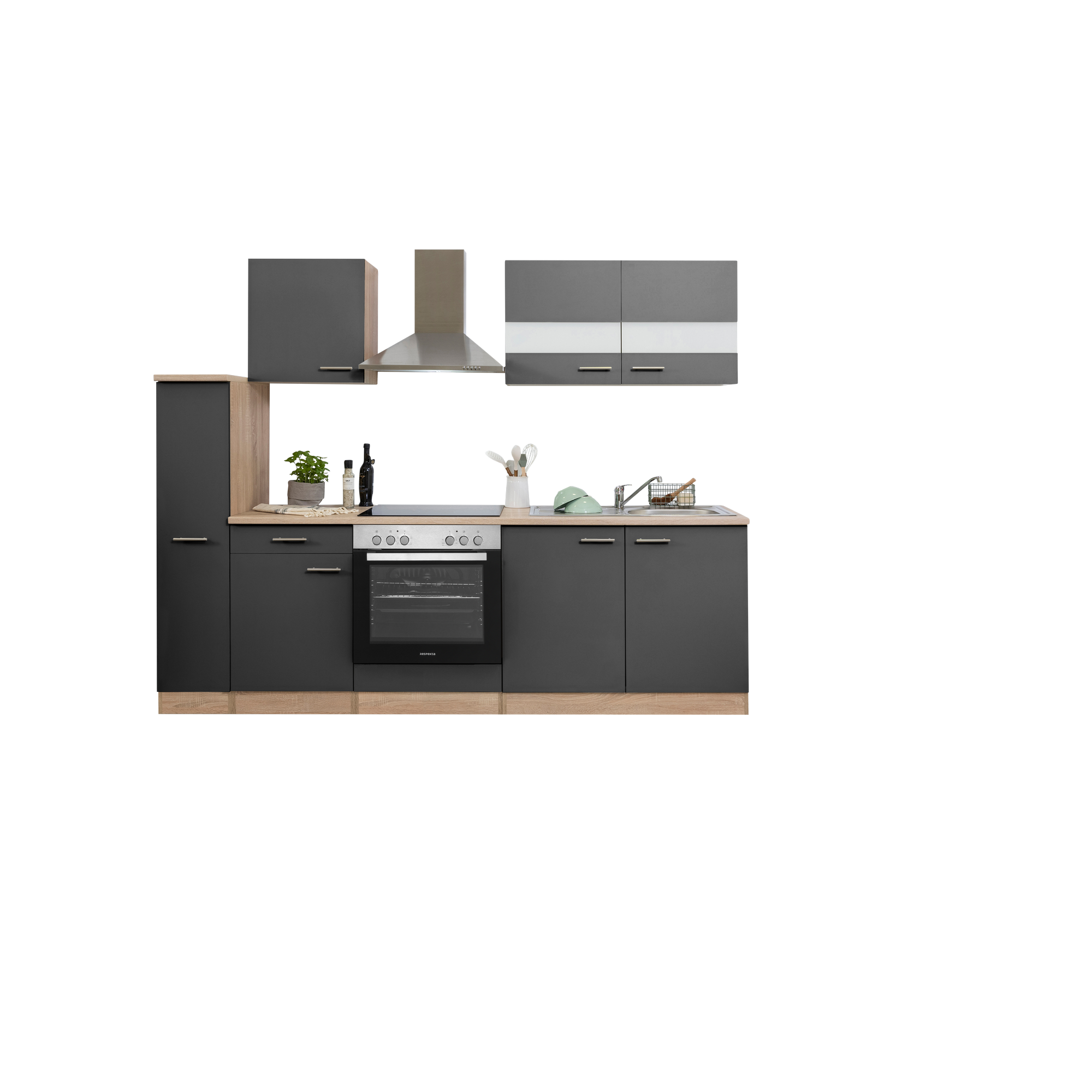 Küchenzeile 'Merle' mit E-Geräten KB240ESGC grau/eichefarben 240 cm
