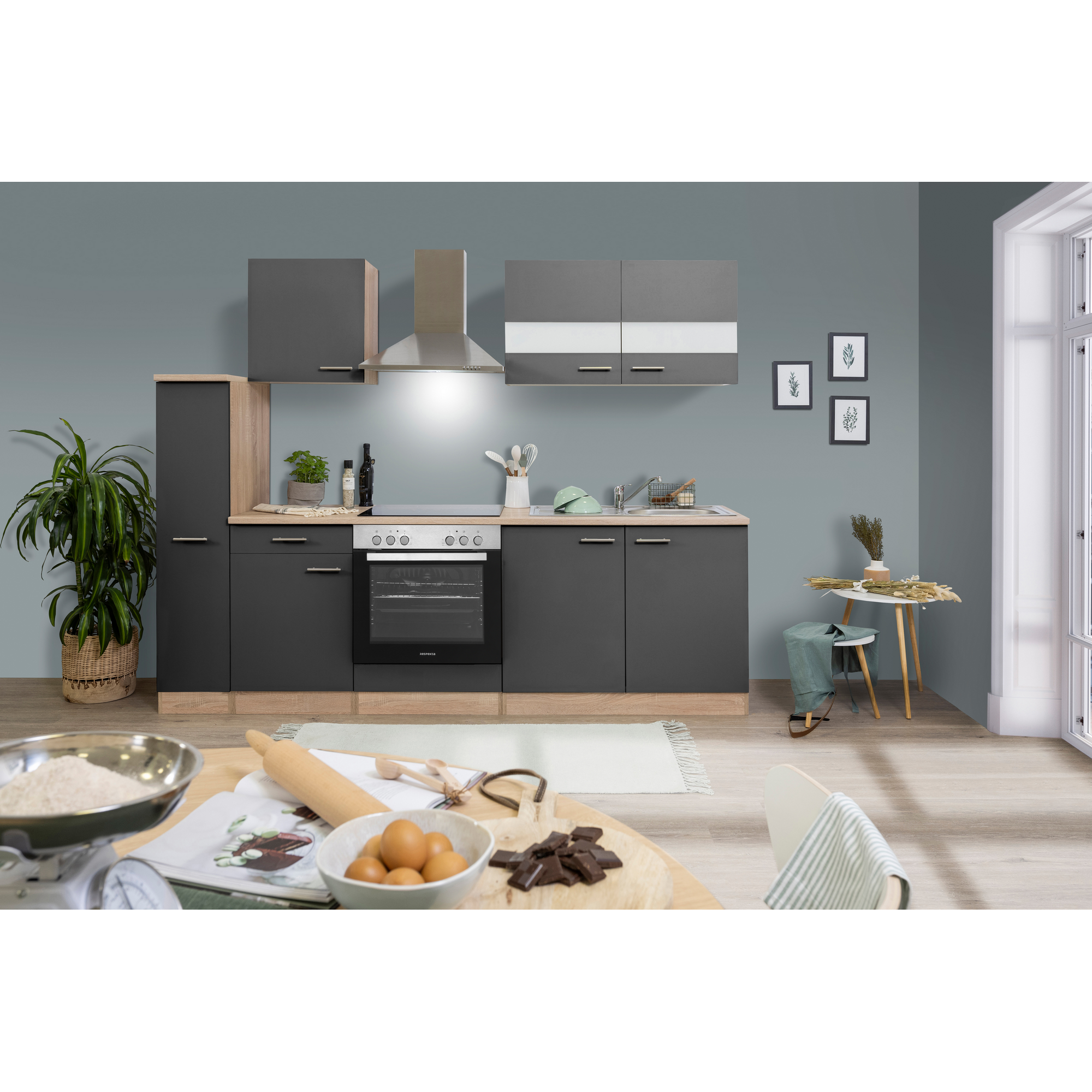 Küchenzeile 'Merle' mit E-Geräten KB240ESGC grau/eichefarben 240 cm