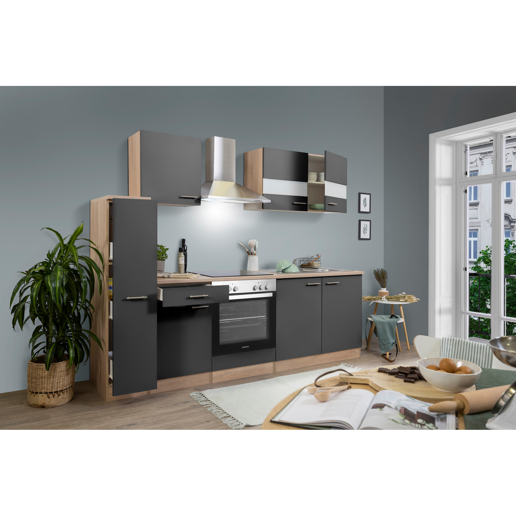 Küchenzeile 'Merle' mit E-Geräten KB240ESGC grau/eichefarben 240 cm