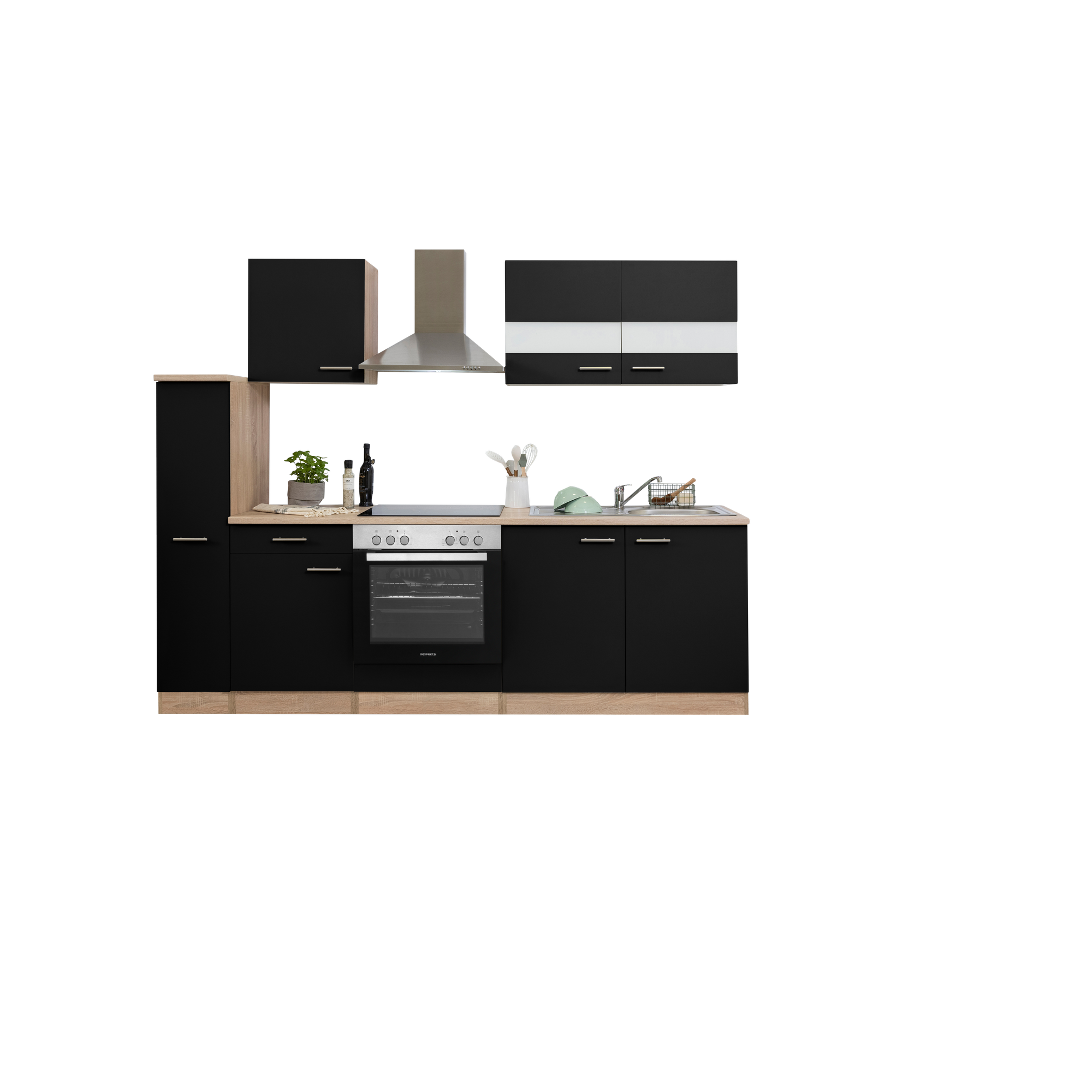 Küchenzeile 'Merle' mit E-Geräten KB240ESSC schwarz/eichefarben 240 cm