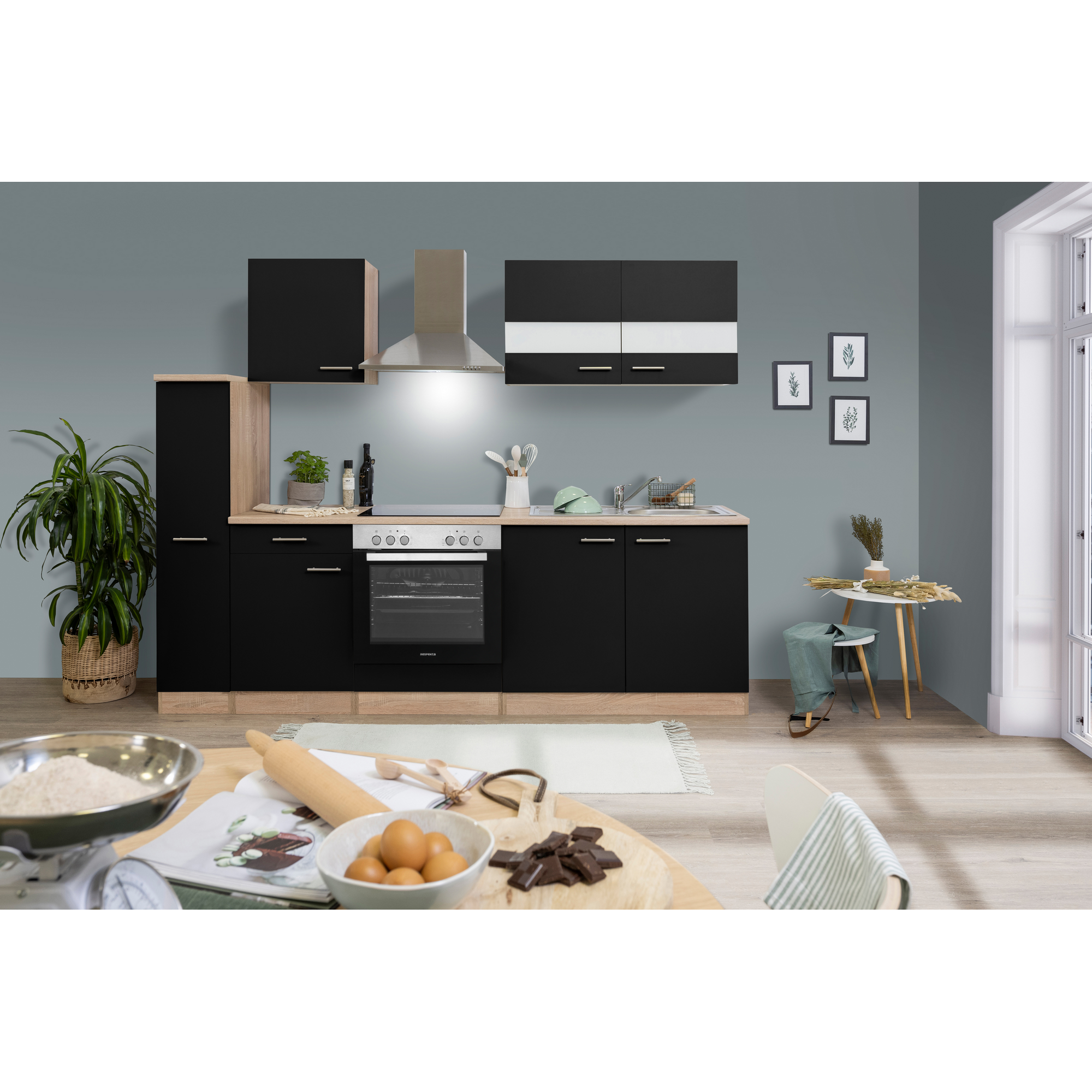 Küchenzeile 'Merle' mit E-Geräten KB240ESSC schwarz/eichefarben 240 cm