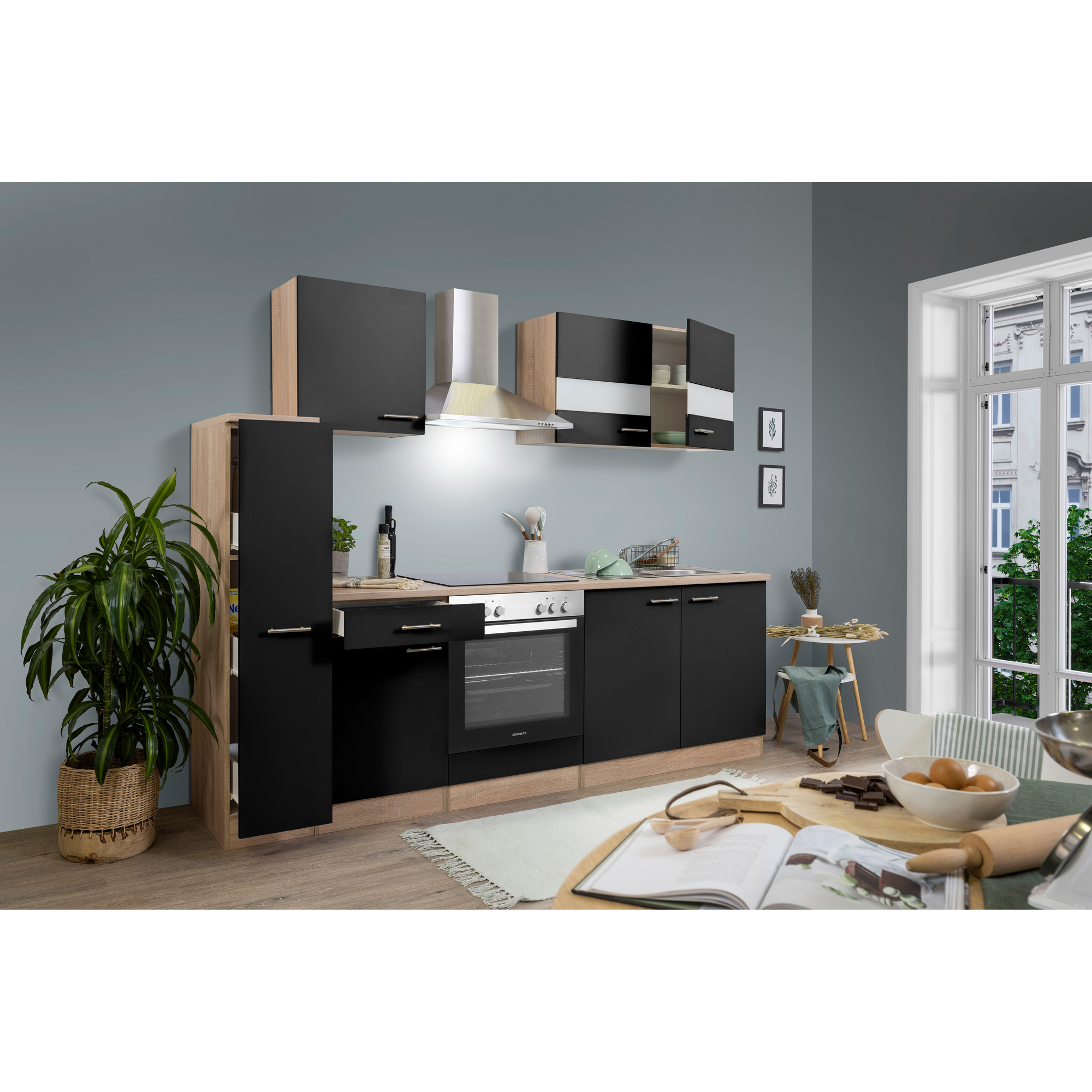 Küchenzeile 'Merle' mit E-Geräten KB240ESSC schwarz/eichefarben 240 cm