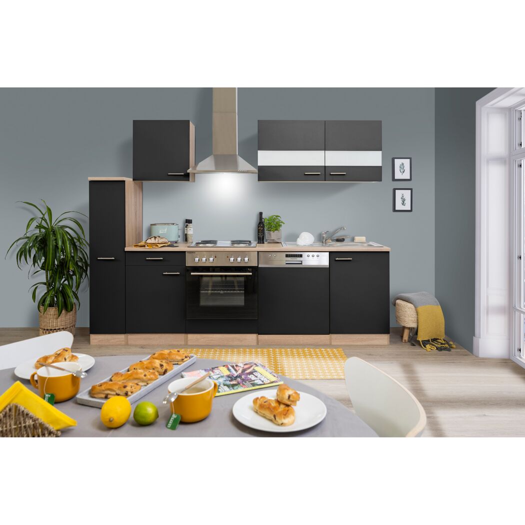 Küchenzeile 'Merle' mit E-Geräten KB250ESS schwarz/eichefarben 250 cm