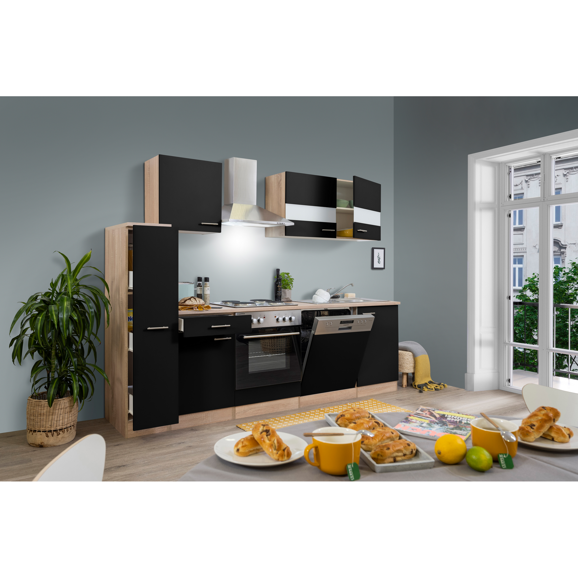 Küchenzeile 'Merle' mit E-Geräten KB250ESS schwarz/eichefarben 250 cm