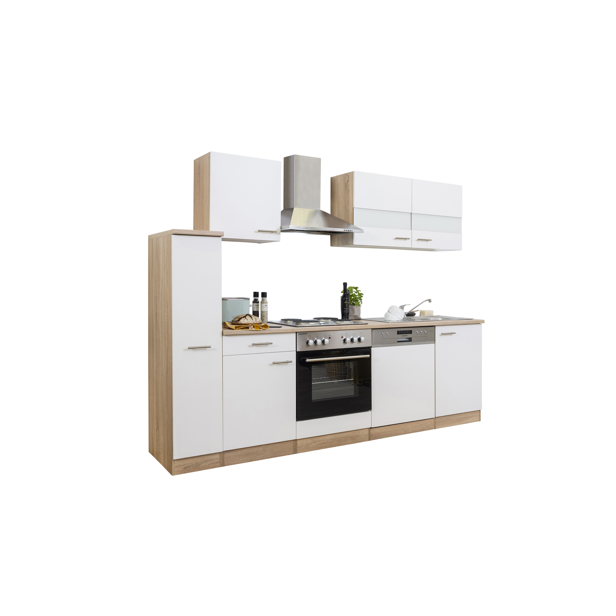 Küchenzeile 'Merle' mit E-Geräten KB250ESW weiß/eichefarben 250 cm