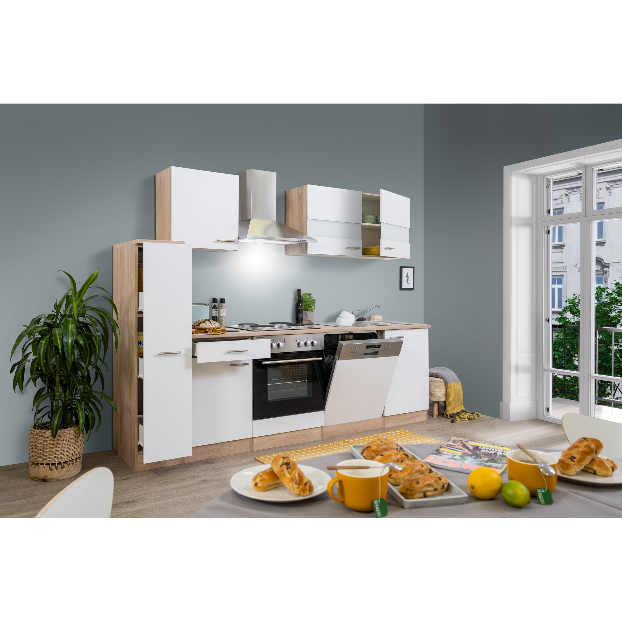 Küchenzeile 'Merle' mit E-Geräten KB250ESW weiß/eichefarben 250 cm