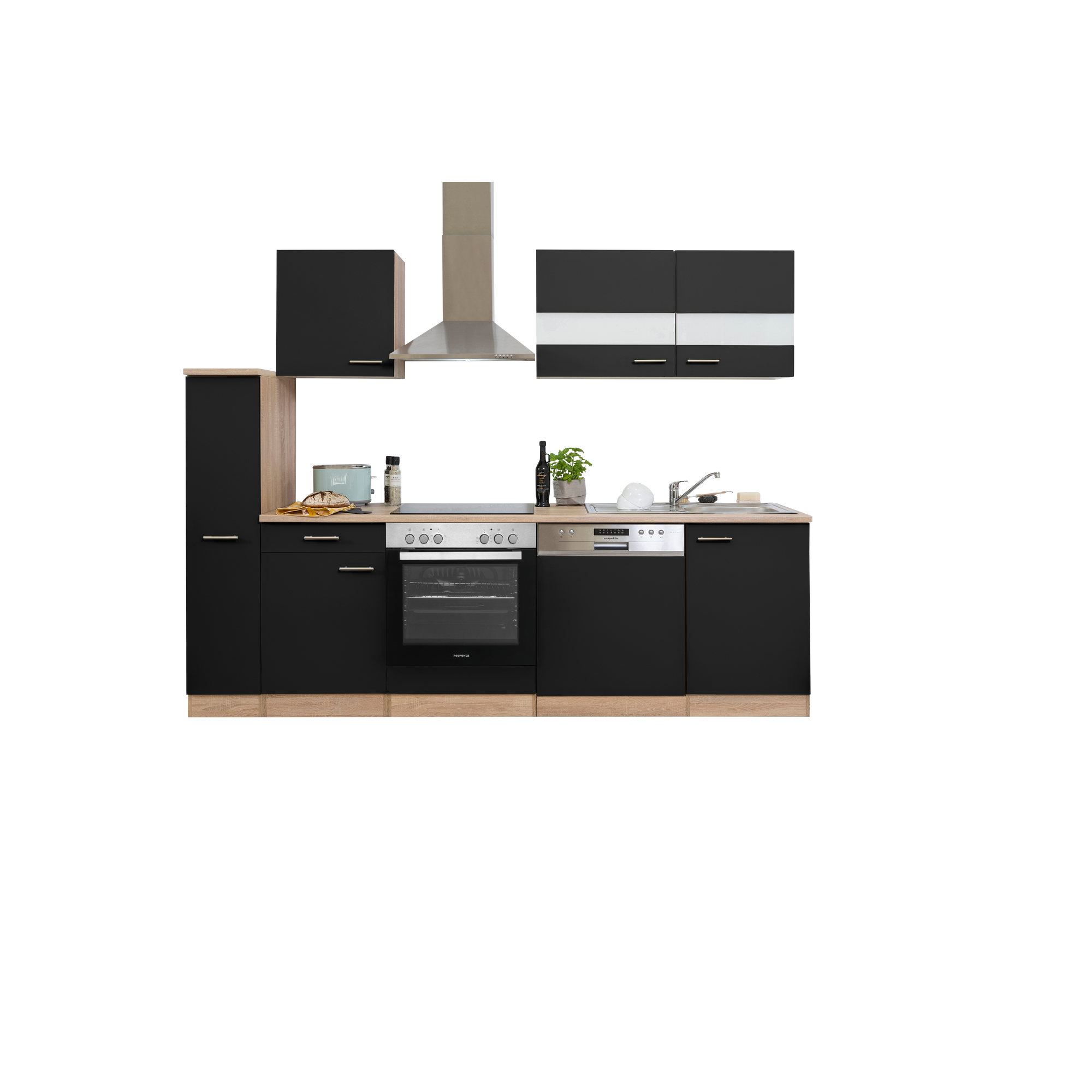 Küchenzeile 'Merle' mit E-Geräten KB250ESSC schwarz/eichefarben 250 cm