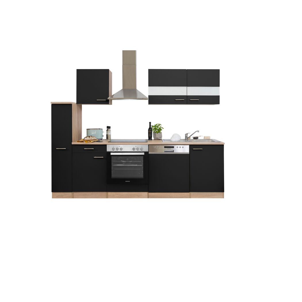 Küchenzeile 'Merle' mit E-Geräten KB250ESSC schwarz/eichefarben 250 cm