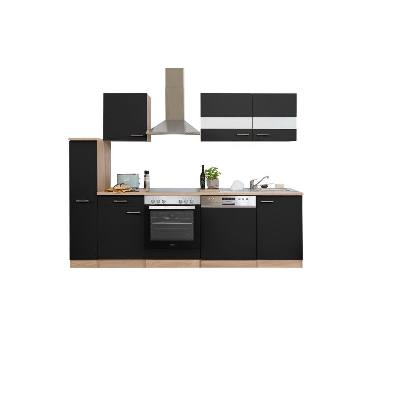 Küchenzeile 'Merle' mit E-Geräten KB250ESSC schwarz/eichefarben 250 cm