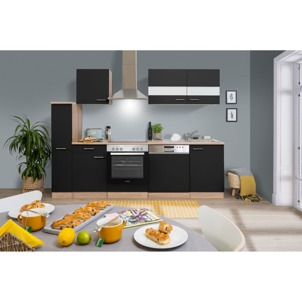Küchenzeile 'Merle' mit E-Geräten KB250ESSC schwarz/eichefarben 250 cm