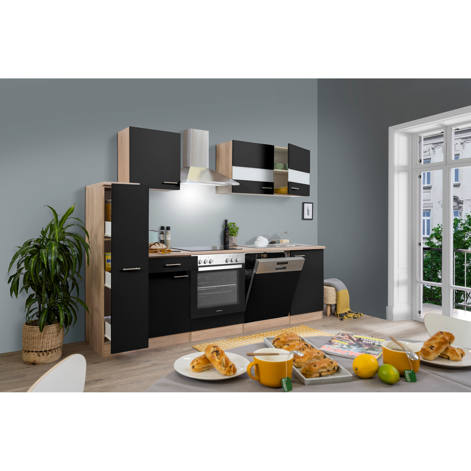 Küchenzeile 'Merle' mit E-Geräten KB250ESSC schwarz/eichefarben 250 cm