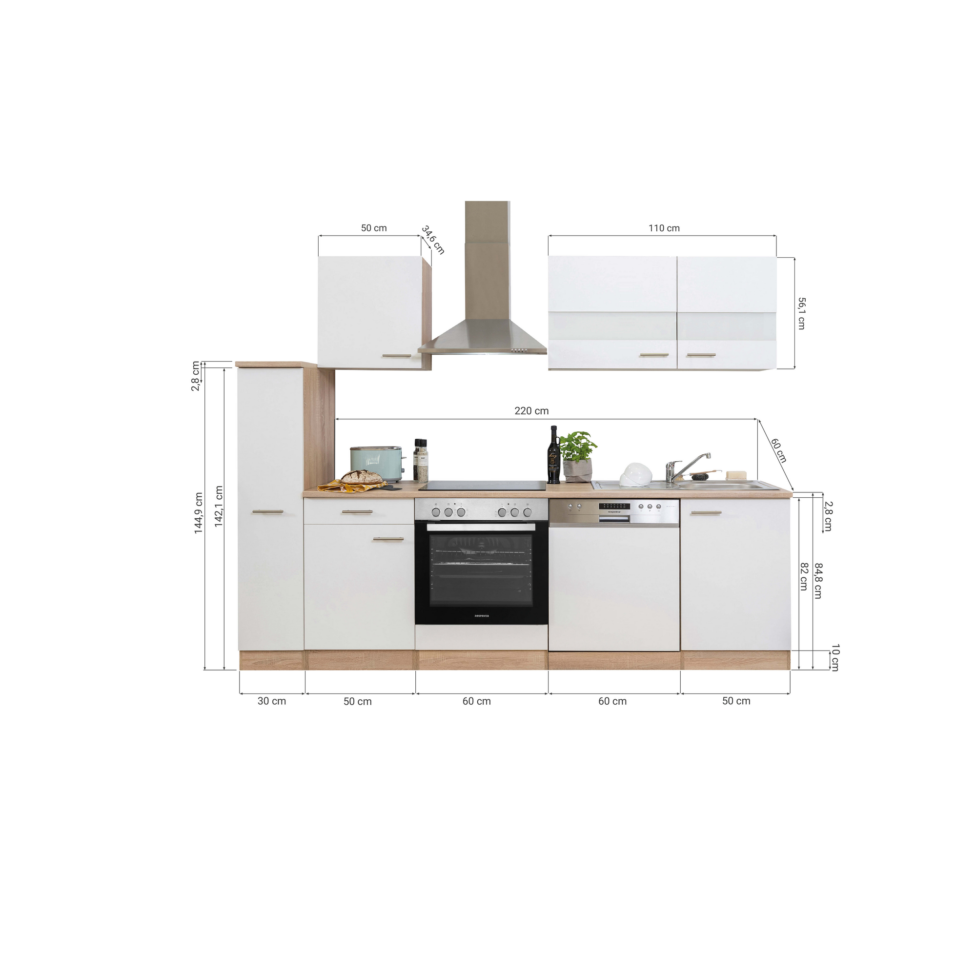 Küchenzeile 'Merle' mit E-Geräten KB250ESSC schwarz/eichefarben 250 cm