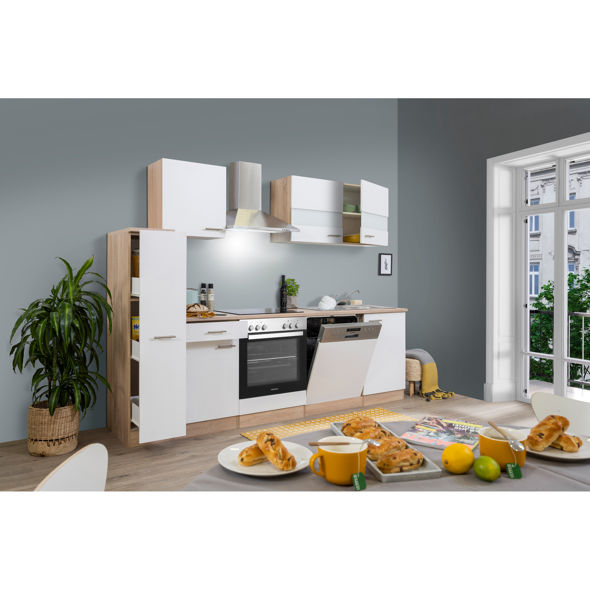 Küchenzeile 'Merle' mit E-Geräten KB250ESWC weiß/eichefarben 250 cm