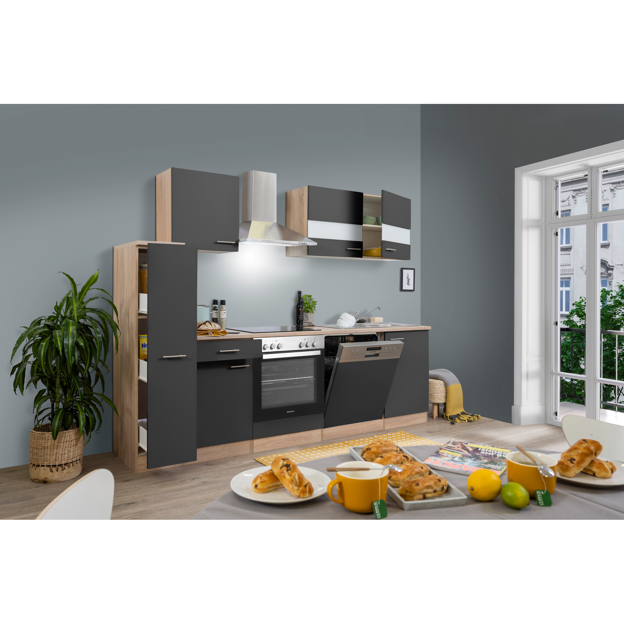 Küchenzeile 'Merle' mit E-Geräten KB250ESGC grau/eichefarben 250 cm