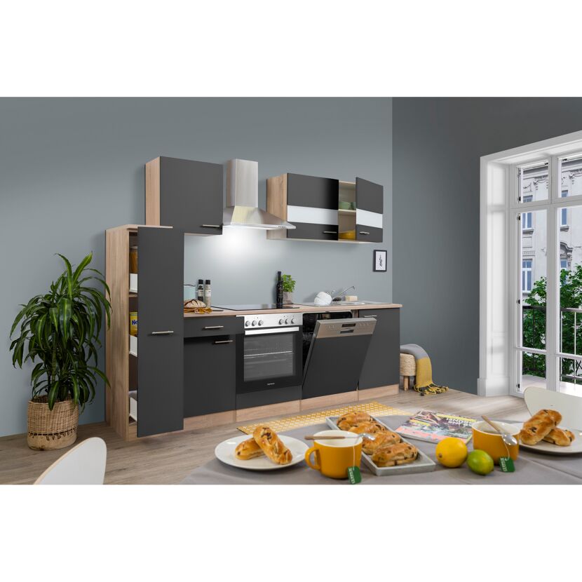 Küchenzeile 'Merle' mit E-Geräten KB250ESGC grau/eichefarben 250 cm