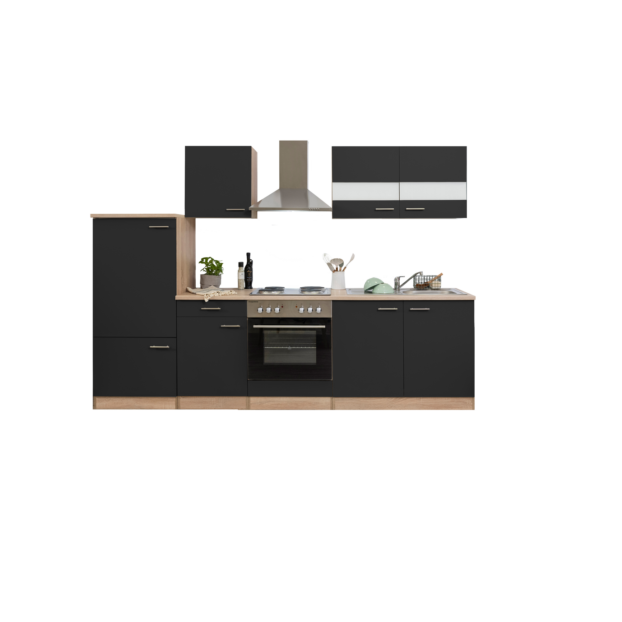 Küchenzeile 'Merle' mit E-Geräten KB270ESS schwarz/eichefarben 270 cm