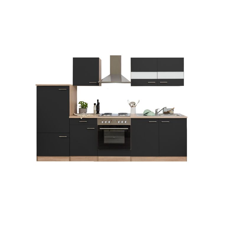 Küchenzeile 'Merle' mit E-Geräten KB270ESS schwarz/eichefarben 270 cm