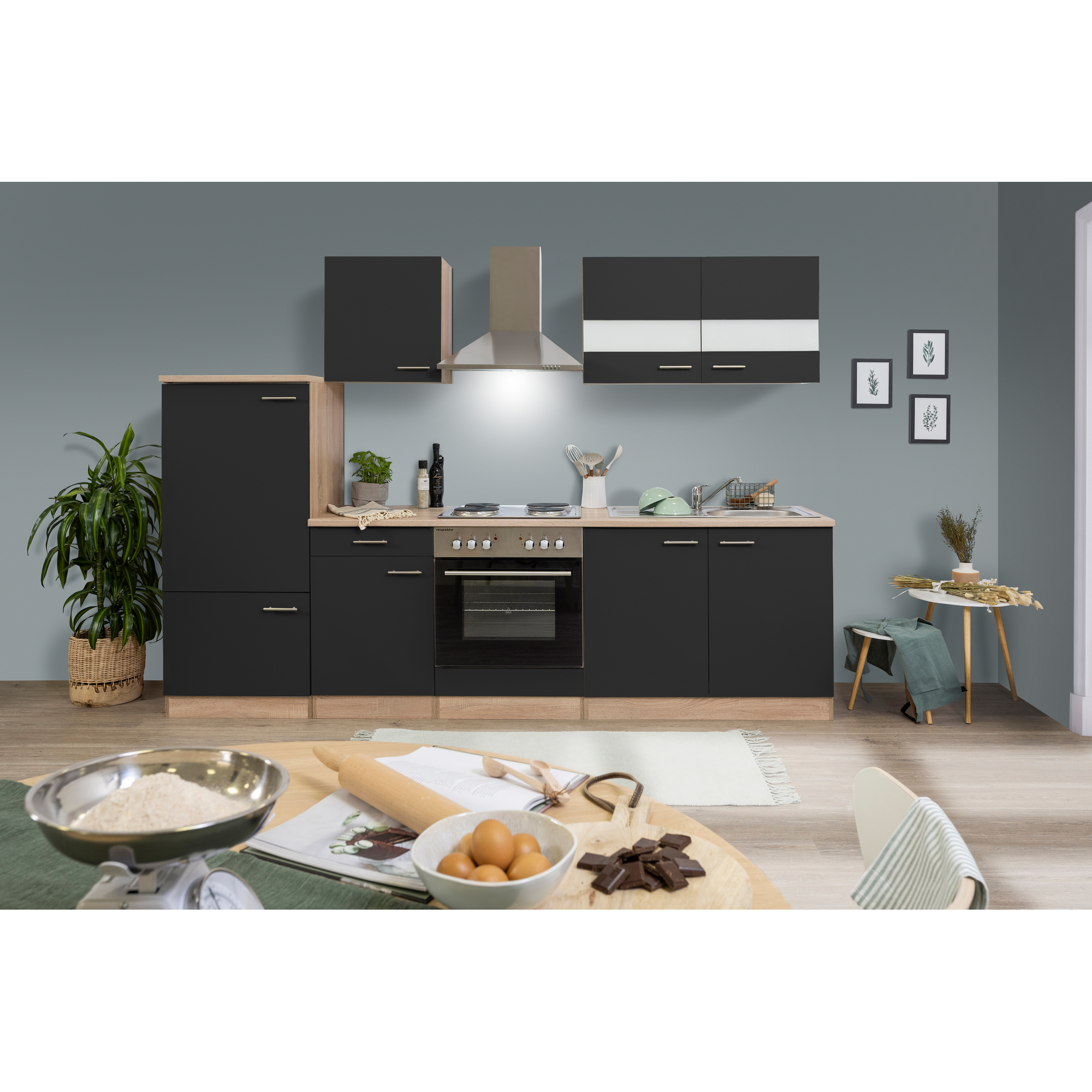 Küchenzeile 'Merle' mit E-Geräten KB270ESS schwarz/eichefarben 270 cm