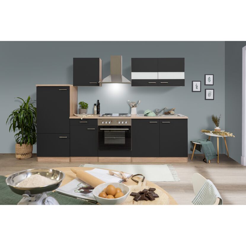 Küchenzeile 'Merle' mit E-Geräten KB270ESS schwarz/eichefarben 270 cm