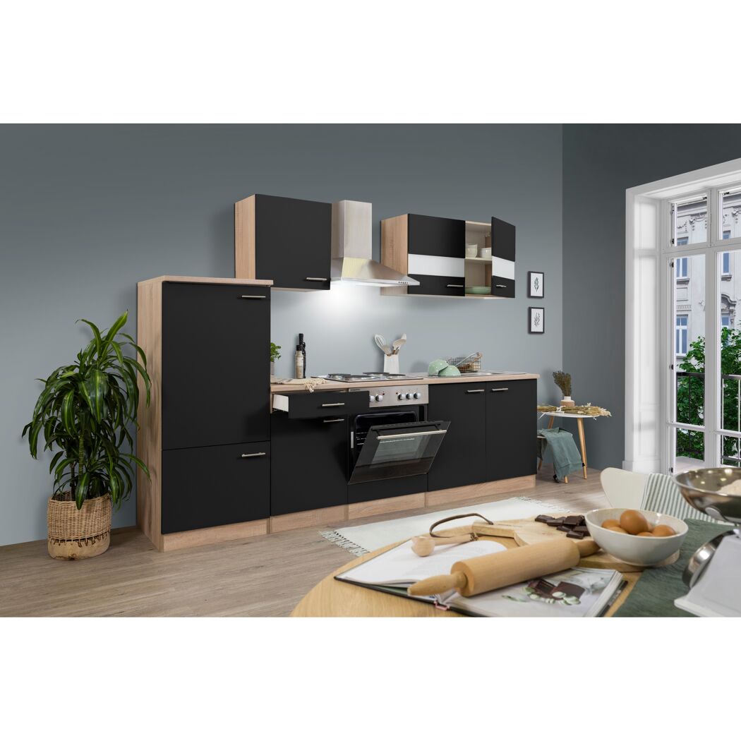 Küchenzeile 'Merle' mit E-Geräten KB270ESS schwarz/eichefarben 270 cm