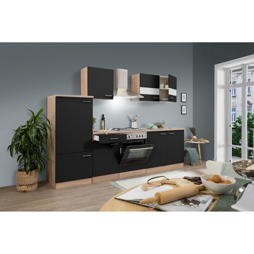 Küchenzeile 'Merle' mit E-Geräten KB270ESS schwarz/eichefarben 270 cm