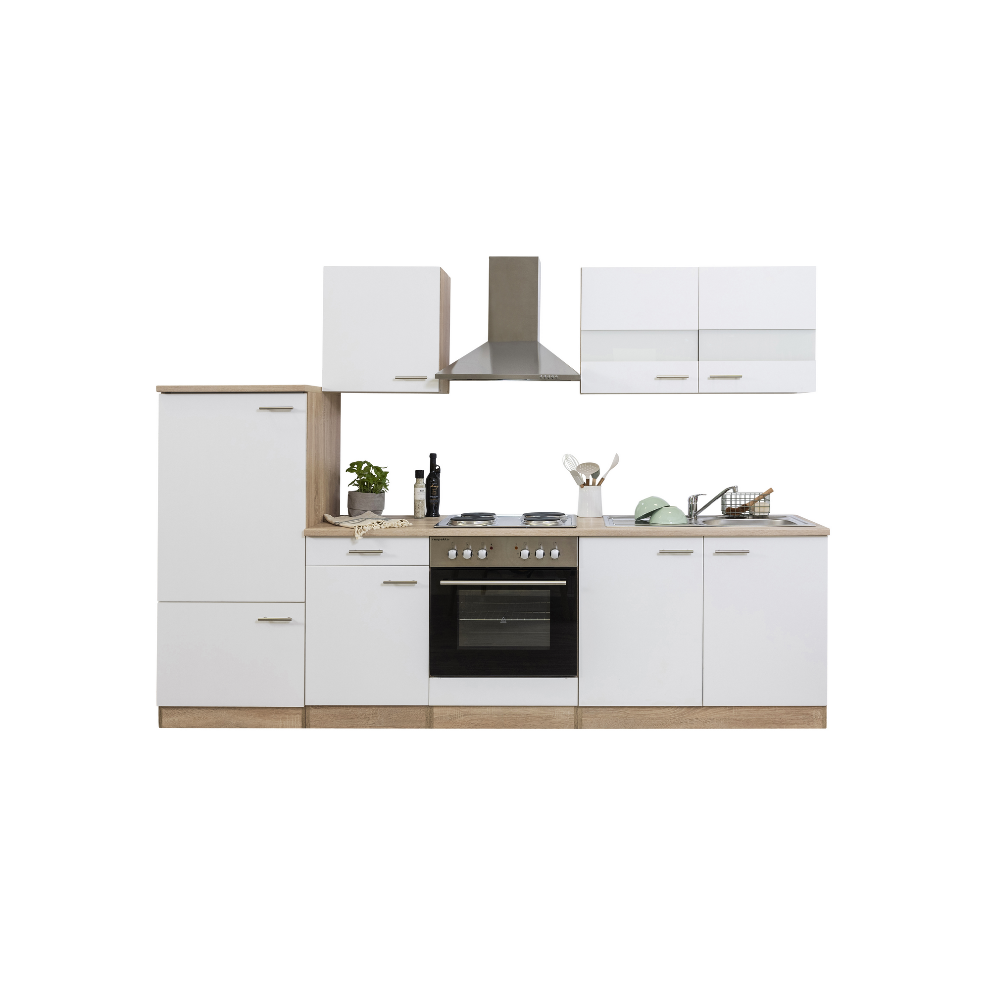 Küchenzeile 'Merle' mit E-Geräten KB270ESW weiß/eichefarben 270 cm