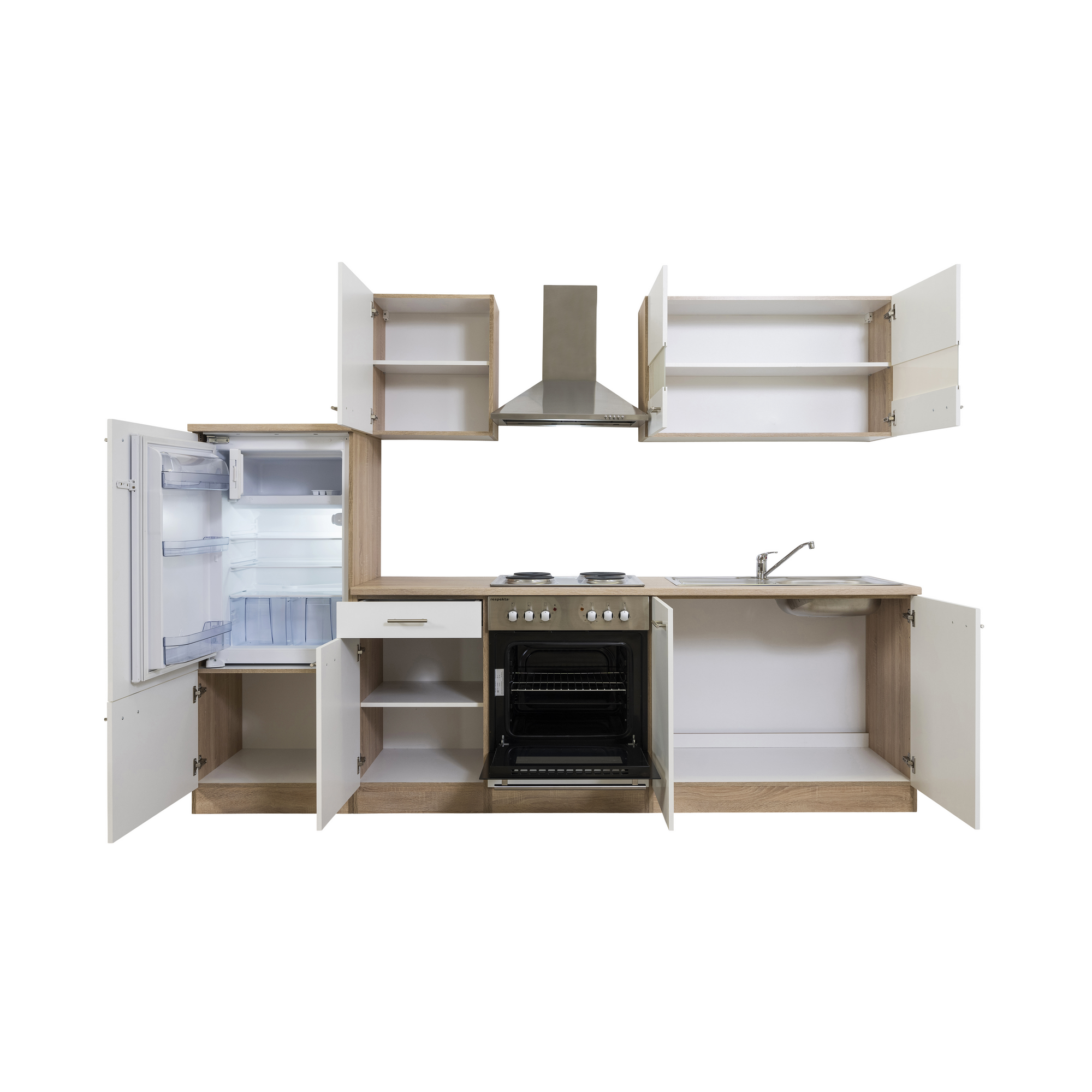 Küchenzeile 'Merle' mit E-Geräten KB270ESW weiß/eichefarben 270 cm