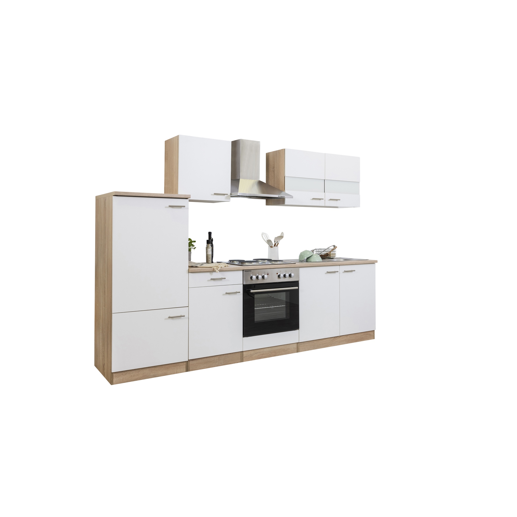 Küchenzeile 'Merle' mit E-Geräten KB270ESW weiß/eichefarben 270 cm