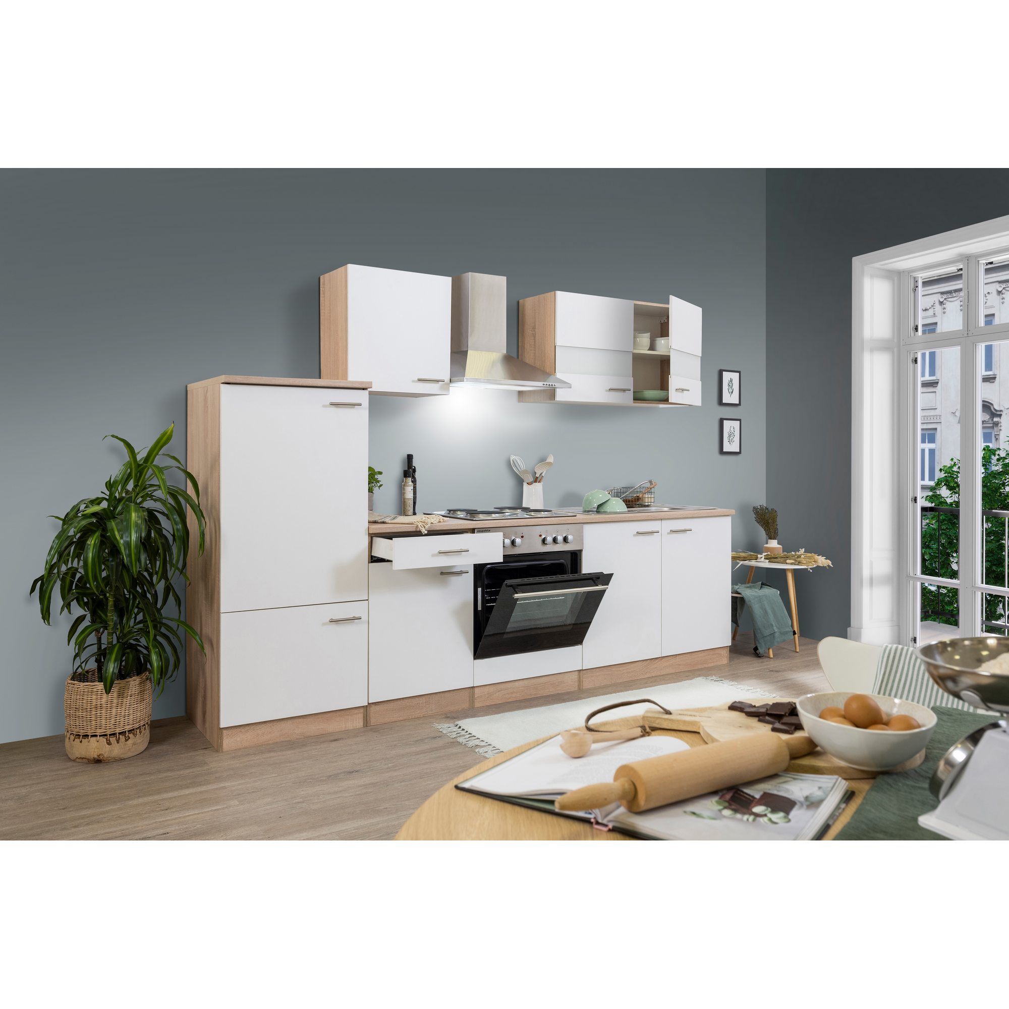 Küchenzeile 'Merle' mit E-Geräten KB270ESW weiß/eichefarben 270 cm